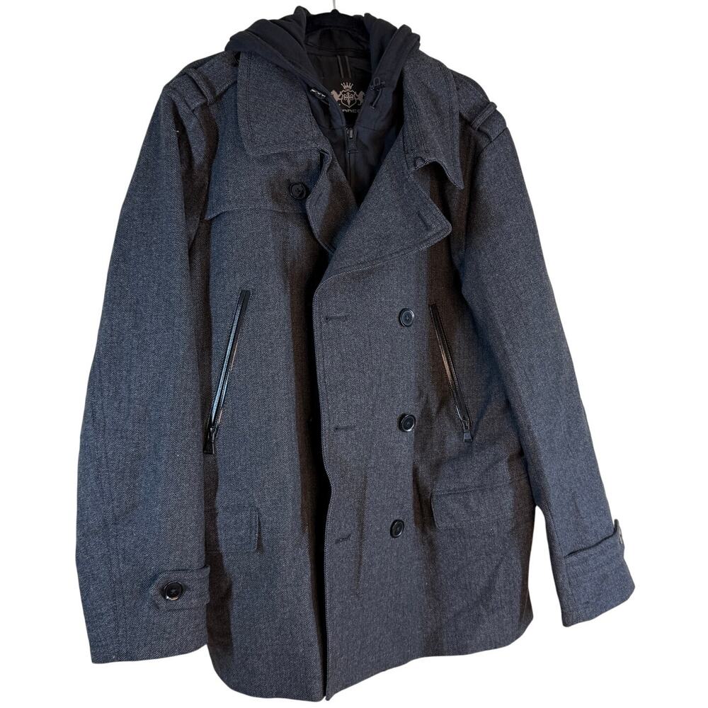 Express Wool Pea Coat Jacket Men XL Gray Hooded Full Zip Button Dressy Classic
